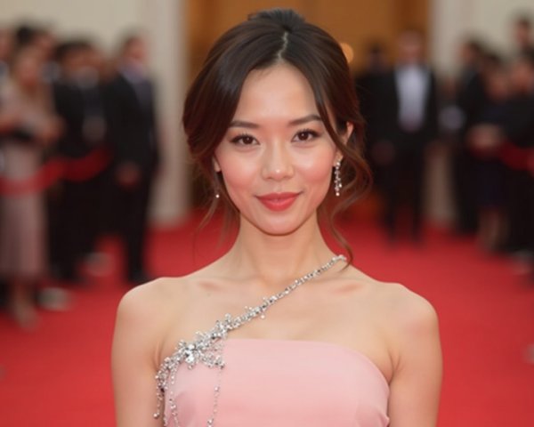 Woman in elegant dress on red carpet with crowd
