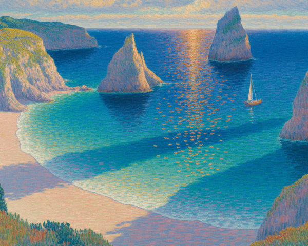 Serene Coastal Scene with Rock Formations and Sailboat