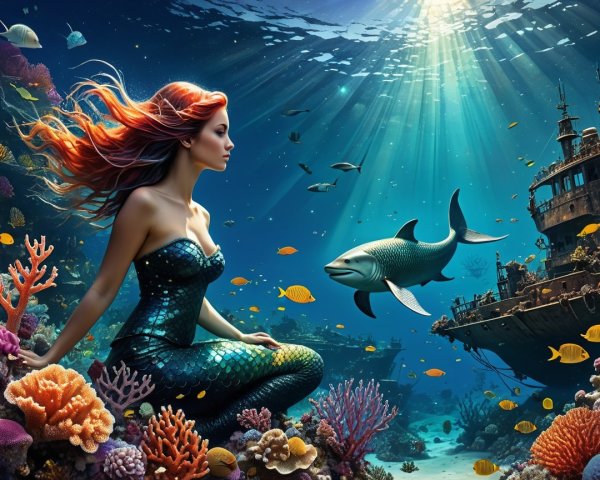 Underwater Scene Featuring Mermaid and Coral Reefs