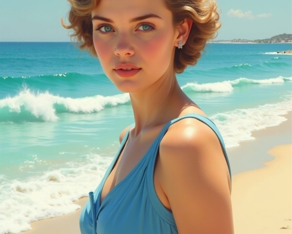 Young Woman in Light Blue Dress at Serene Beach