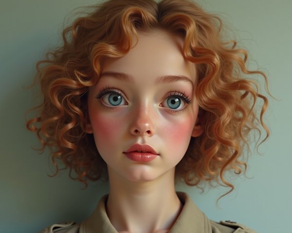 Young girl with curly red hair and blue eyes