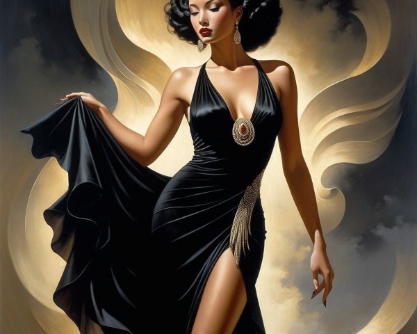 Glamorous Figure in Black Gown with Golden Backdrop