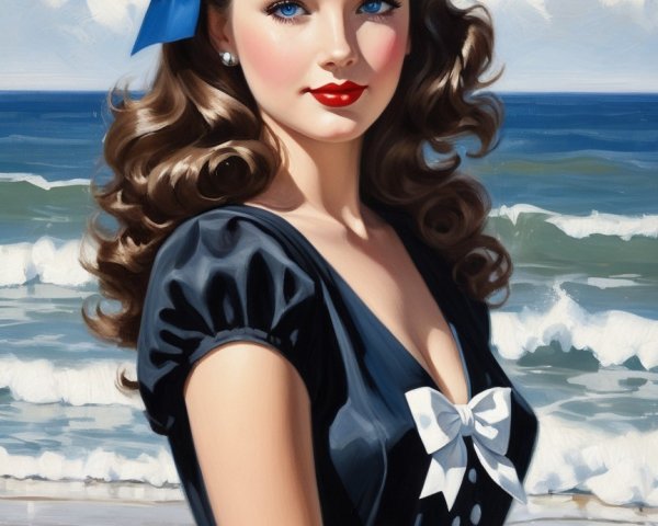 Beautiful Woman at Beach in Stylish Dress with Bow