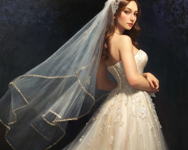 Young Woman in Floral Wedding Gown with Veil