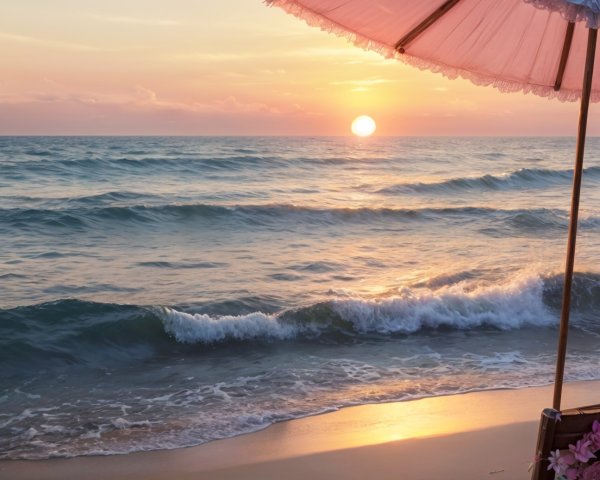 Serene Beach Scene at Sunset with Gentle Waves