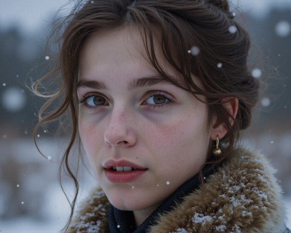Young Woman in Winter Landscape with Snowflakes