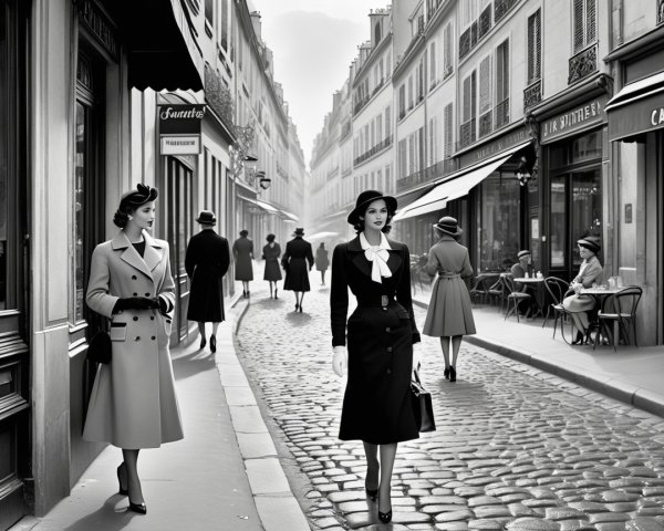 Vintage Parisian Street Scene in Black and White