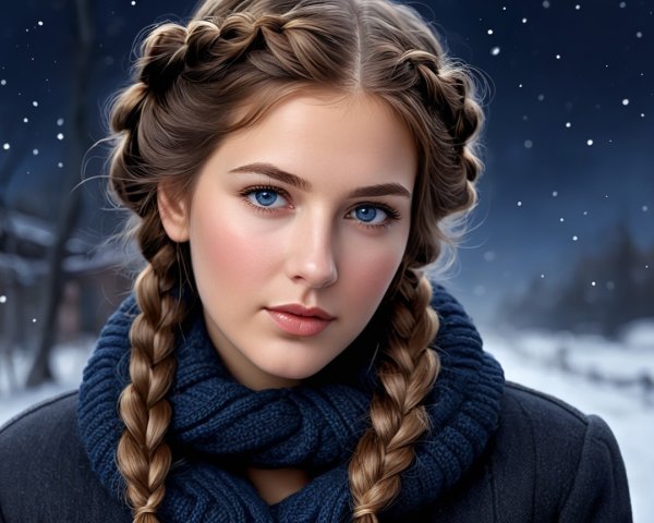 Young Woman in Snowy Landscape with Braided Hair