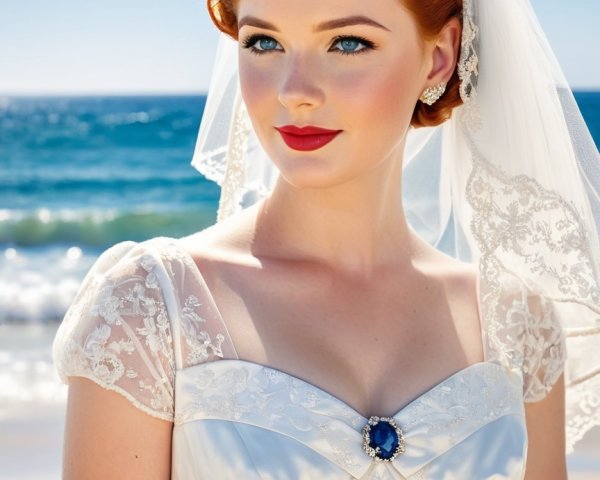 Bride in Satin Dress on Sunny Beach with Ocean View