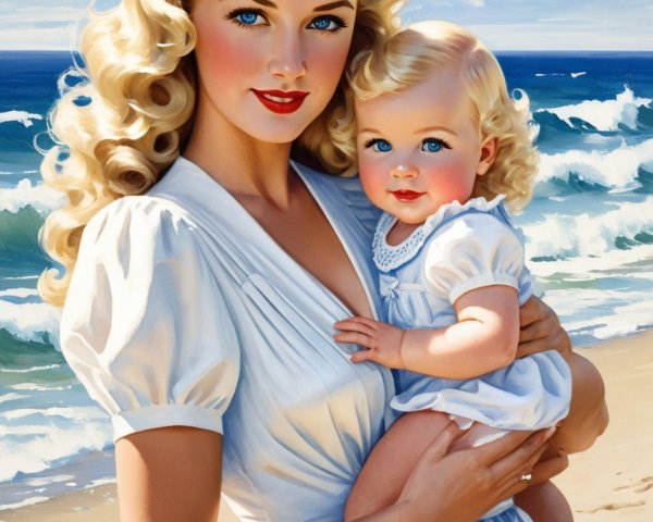 Woman and baby on a sunlit beach with waves