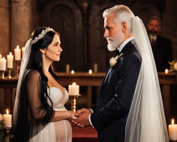 Couple at Wedding Altar with Pregnancy Reveal