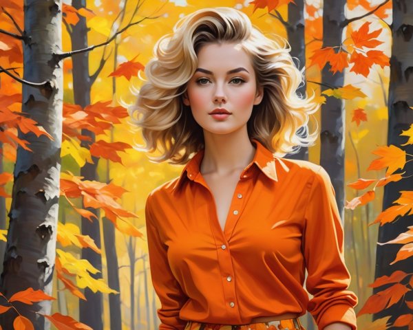 Young Woman in Vibrant Autumn Forest Setting