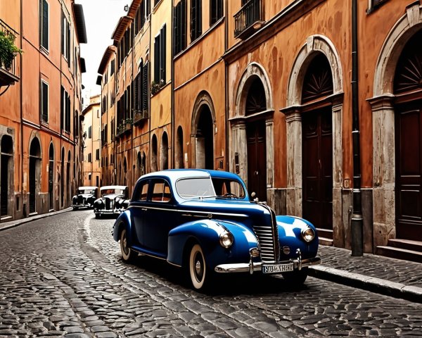 Vintage Blue Car on Cobblestone Street with Historic Buildings