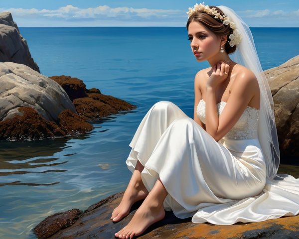 Bride in Elegant Gown on Rocky Shore by Ocean