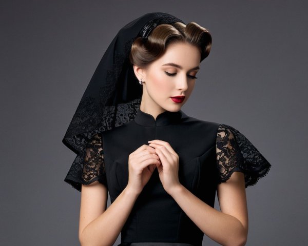 Elegant Woman in Black Outfit with Lace Sleeves