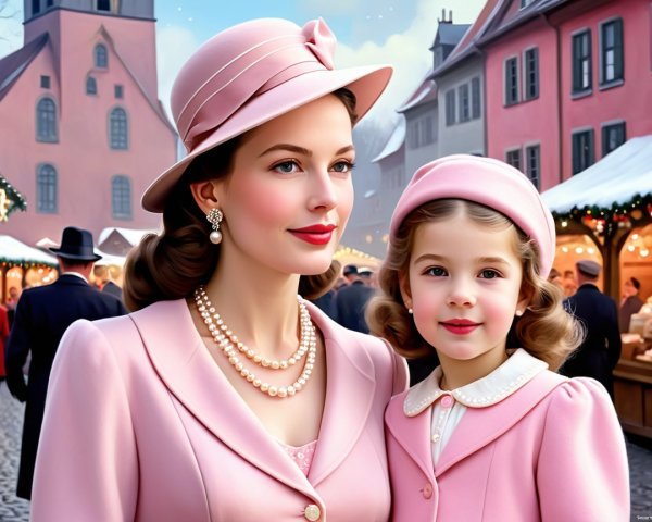 Charming Winter Scene with Mother and Daughter in Pink