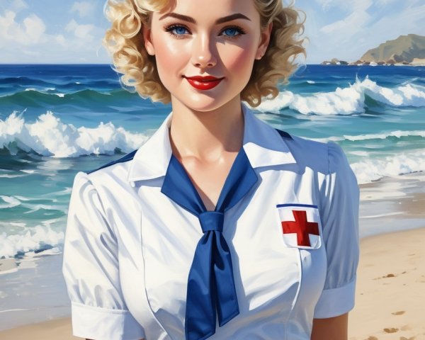 Vintage Nurse Illustration at the Beach with Scenic View