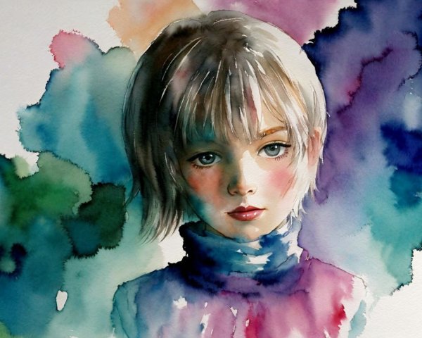 Watercolor Painting of a Young Girl with Ethereal Background