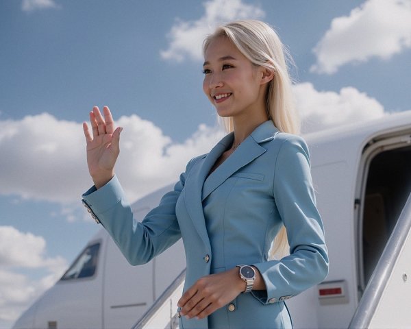 Woman in blue suit by a private jet under blue sky