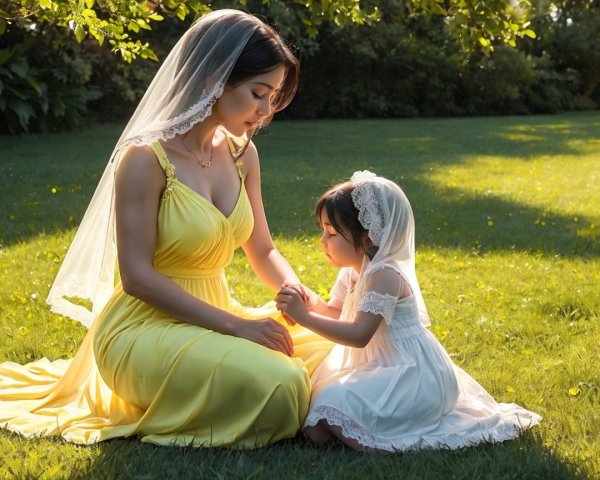 Mother and daughter in sunlit lawn moment