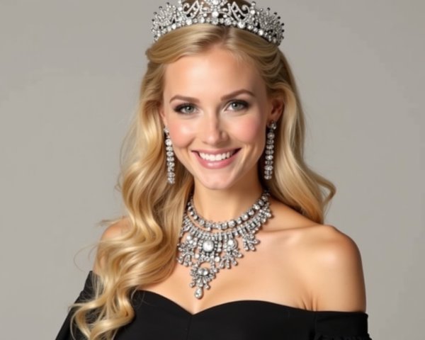 Glamorous Woman in Elegant Black Dress and Tiara