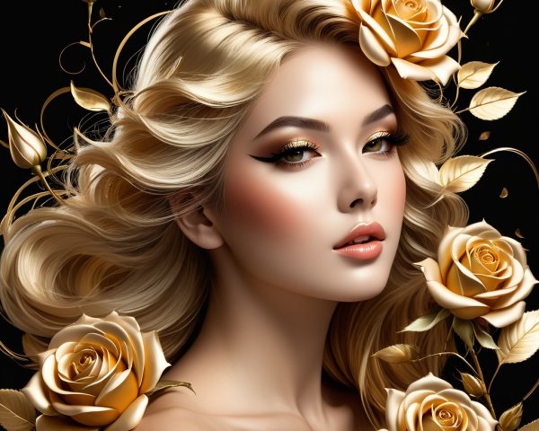 Portrait of a woman with blonde hair and golden roses