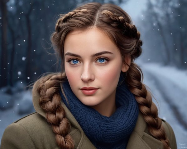 Young Woman in Snowy Landscape with Braided Hair