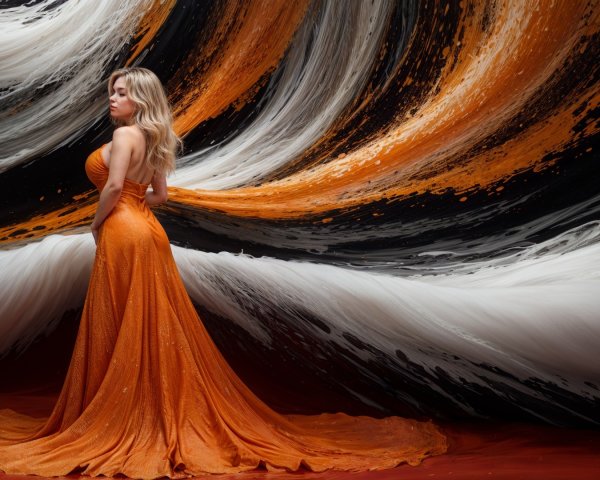 Elegant Woman in Flowing Orange Gown with Dramatic Background