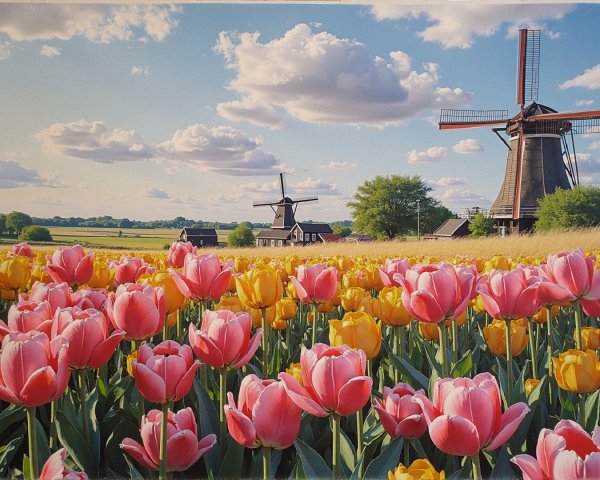 Vibrant Tulip Fields with Windmills and Blue Sky
