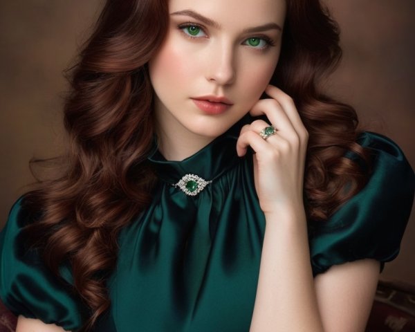 Elegant portrait of a woman in a green satin dress