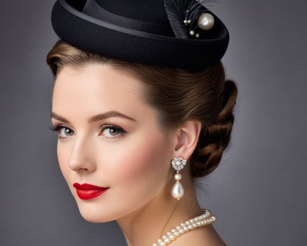 Elegant Woman in Vintage Hat and Classic Makeup