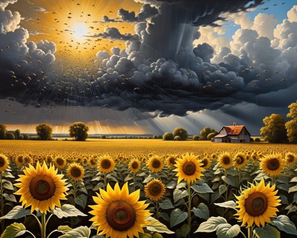 Vibrant Sunflower Field Under Dramatic Skies