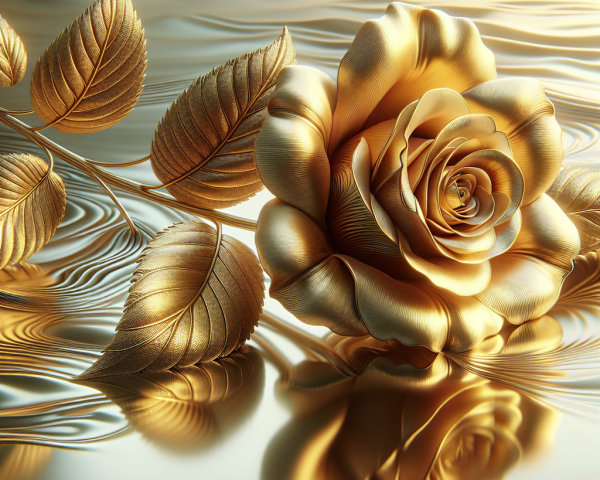 Golden Rose on Reflective Surface with Elegant Leaves