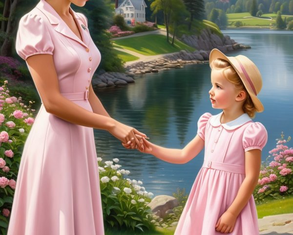 Mother and daughter by a serene lake in pink dresses
