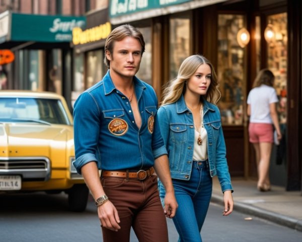 1970s Fashionable Couple on a Bustling Street