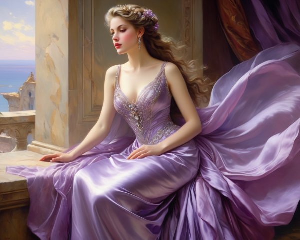 Elegant Woman in Lavender Gown by Grand Window