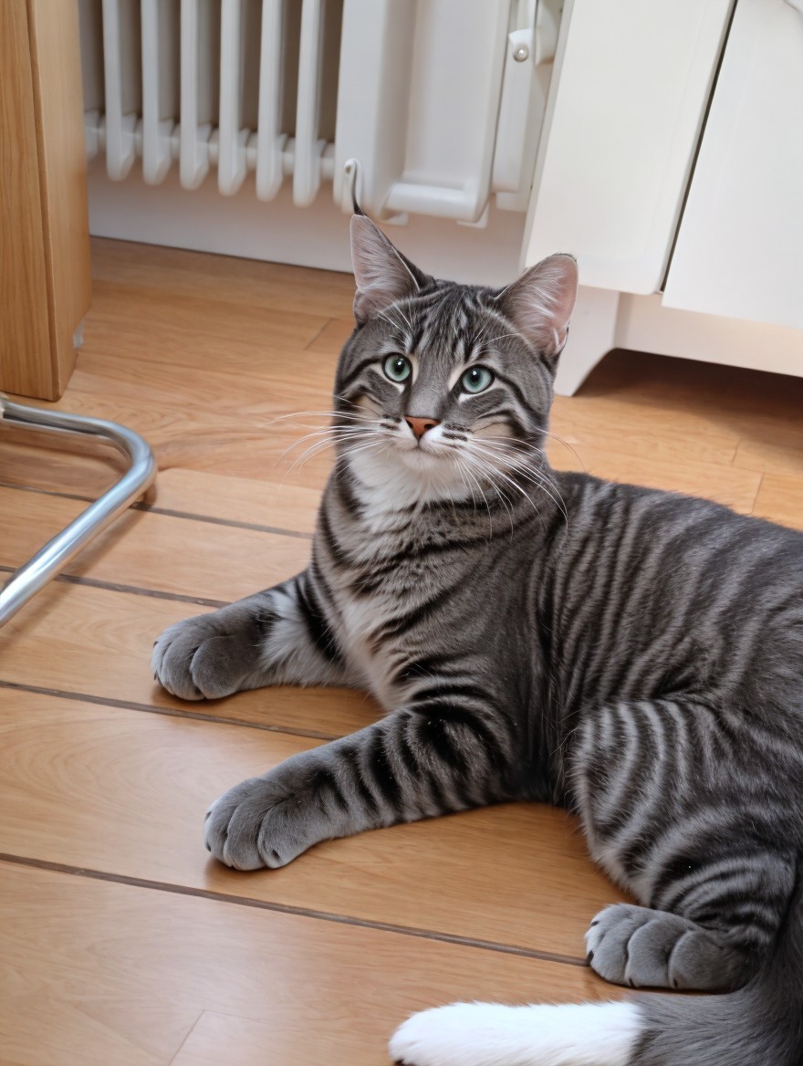 Striped Gray Tabby Cat on Wooden Floor with Green Eyes