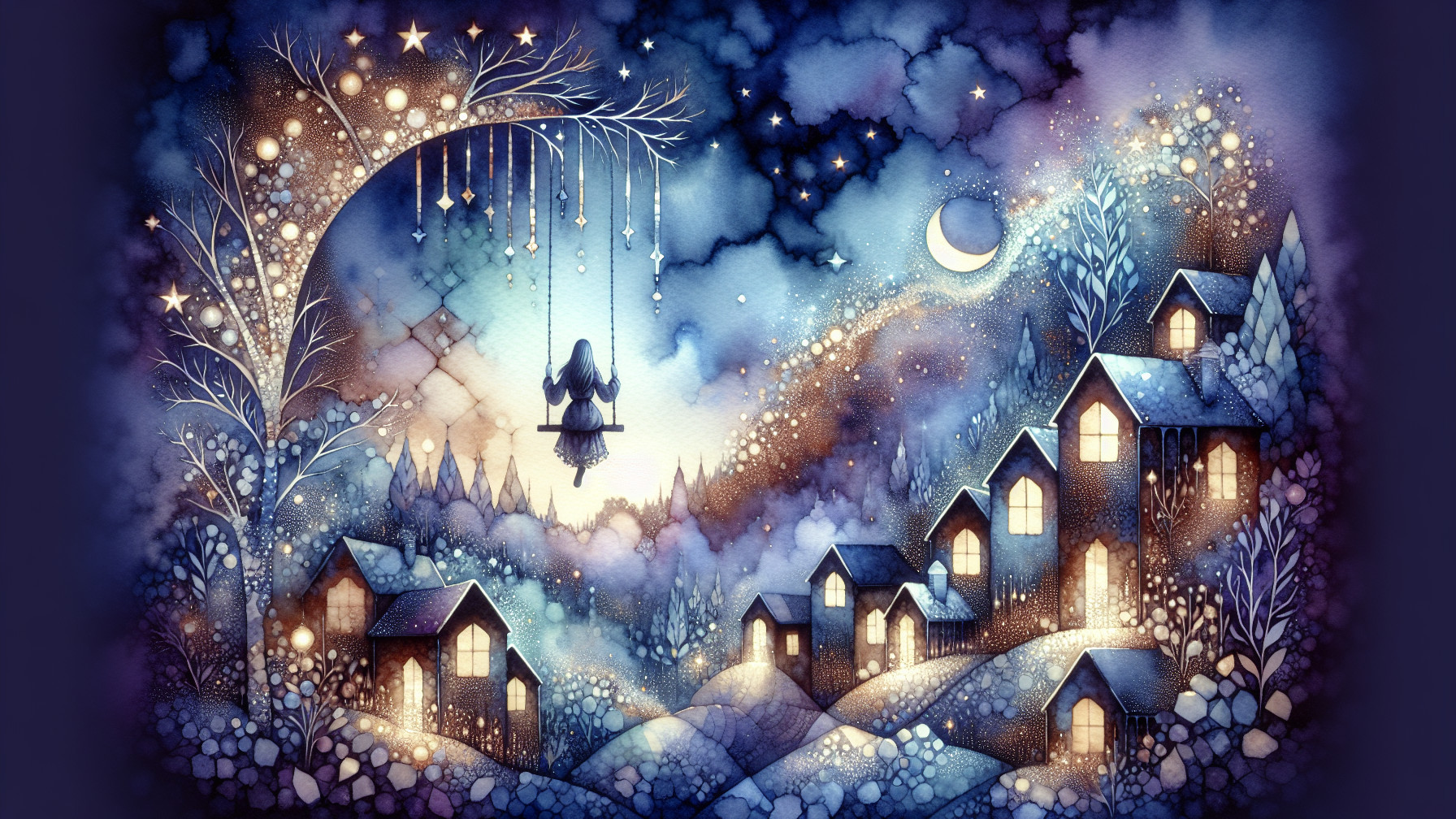 Whimsical Dreamlike Landscape Under Starry Night Sky