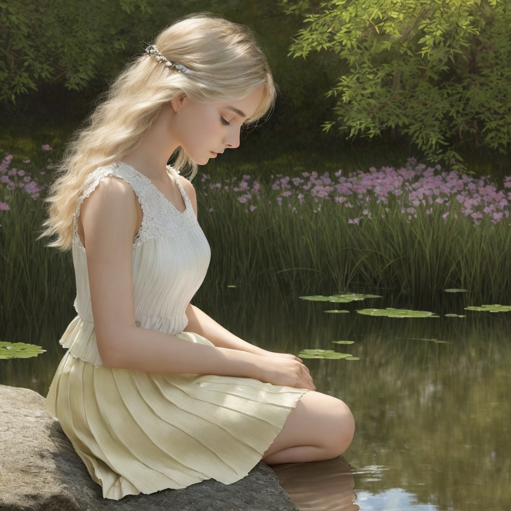 Young woman by a tranquil pond in serene nature