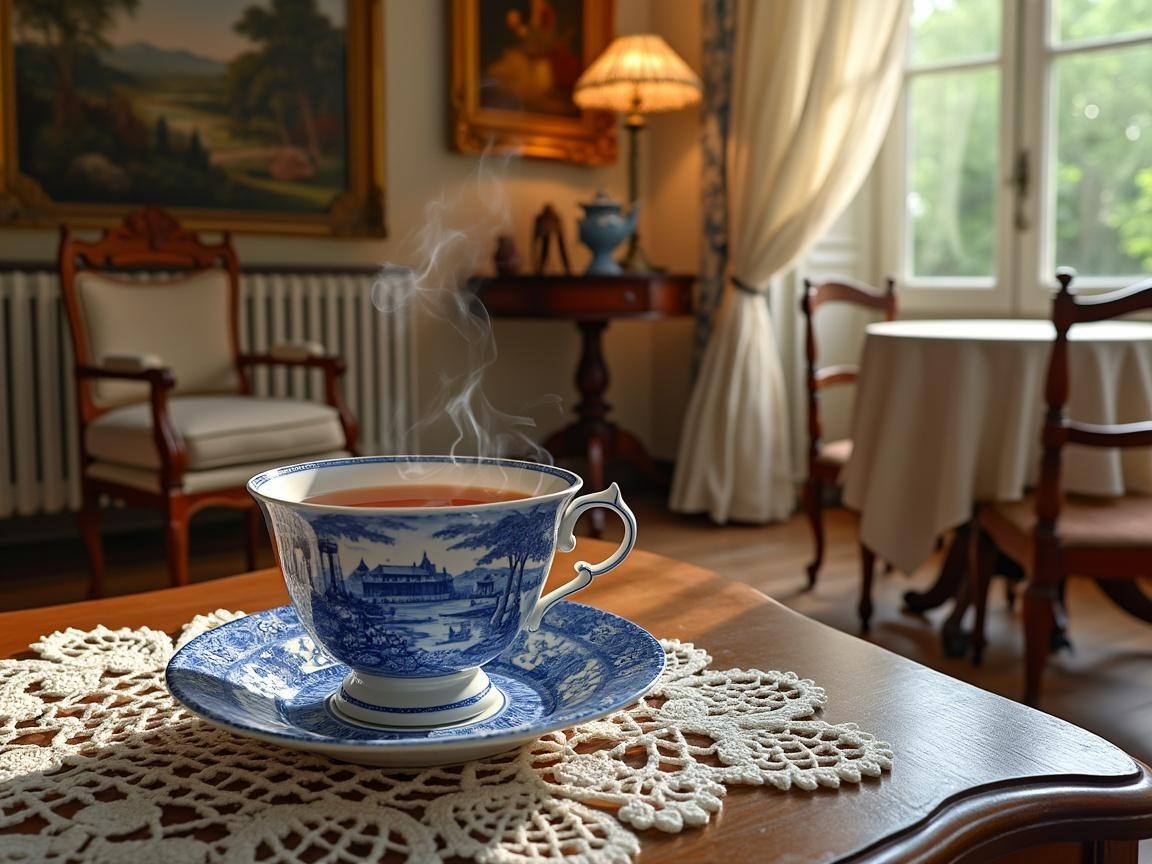 Delicate teacup on intricately designed saucer in elegant room