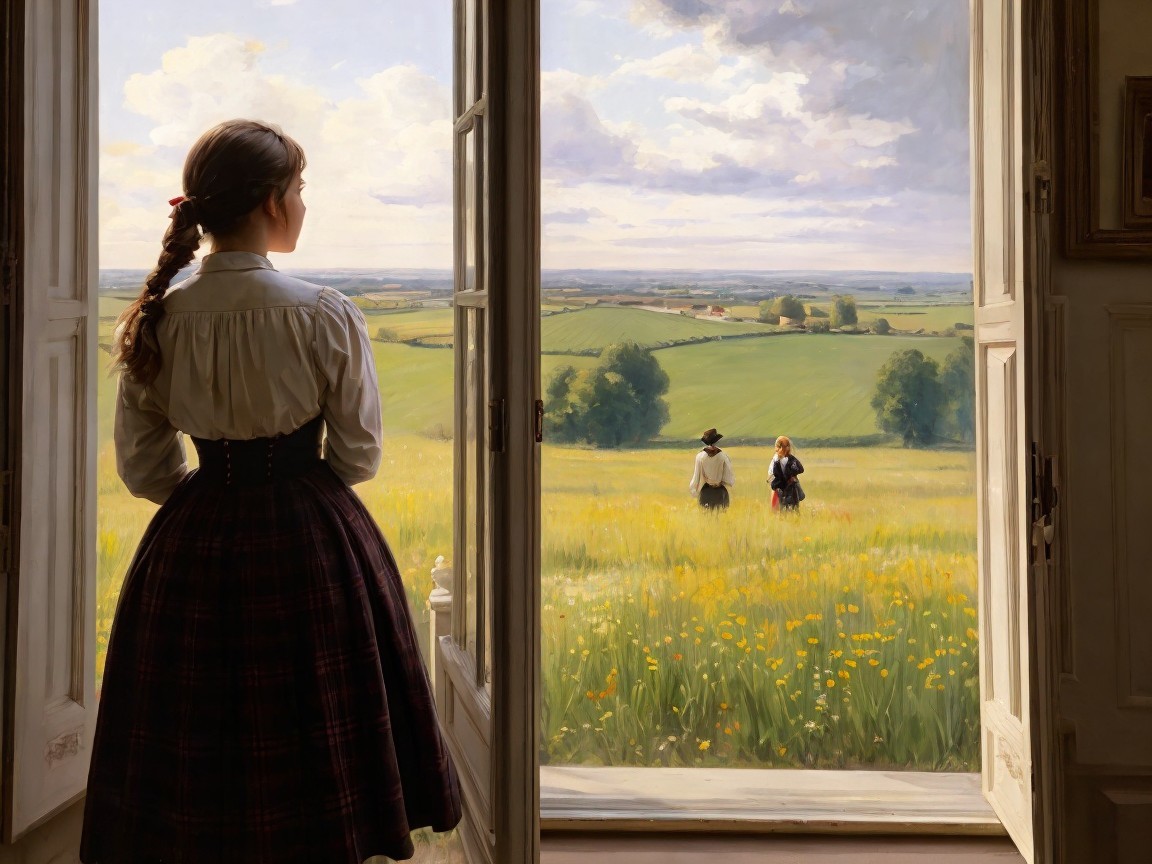 Young Woman Gazing at a Lush Green Landscape