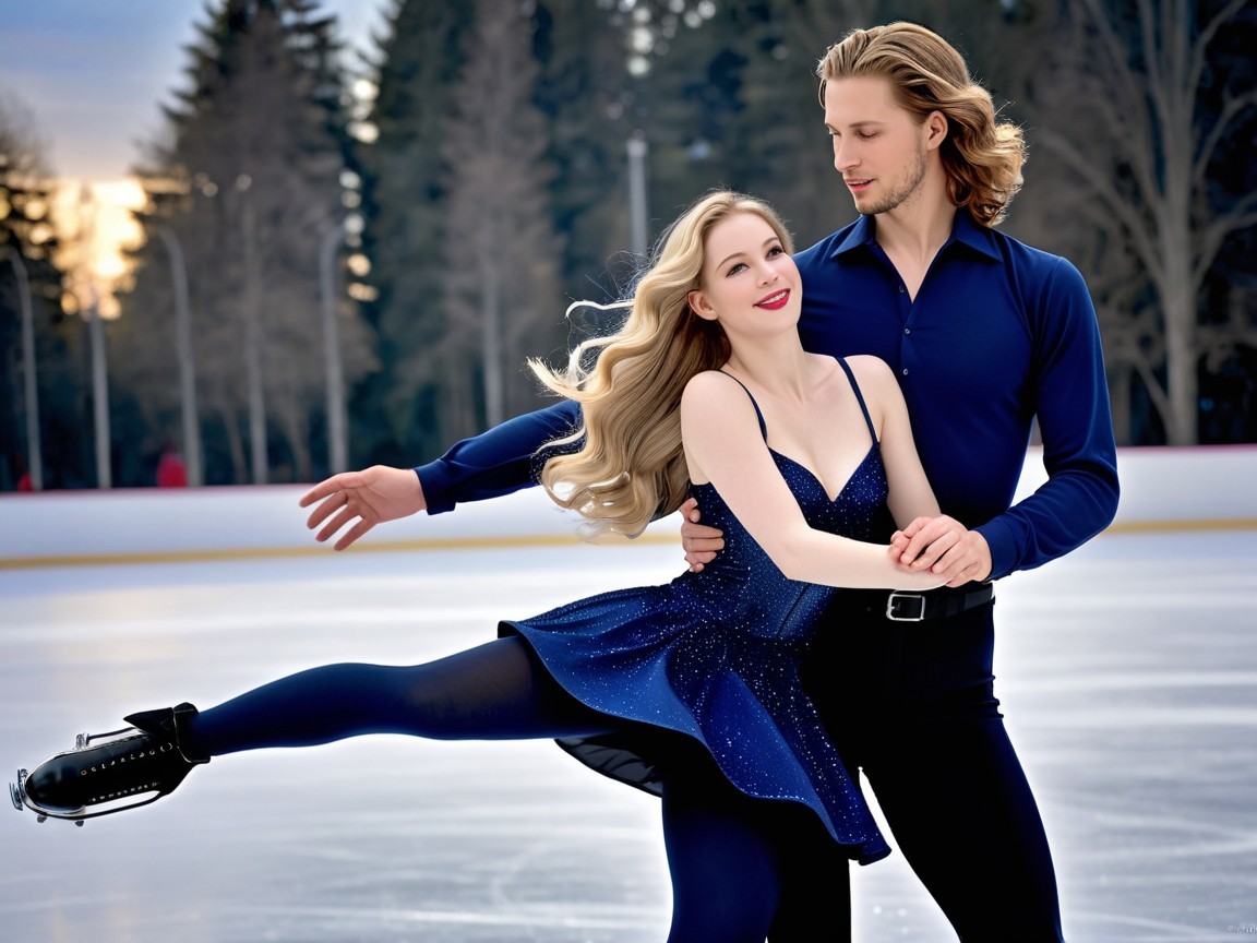 Ice Skaters Perform Routine on Outdoor Rink at Sunset
