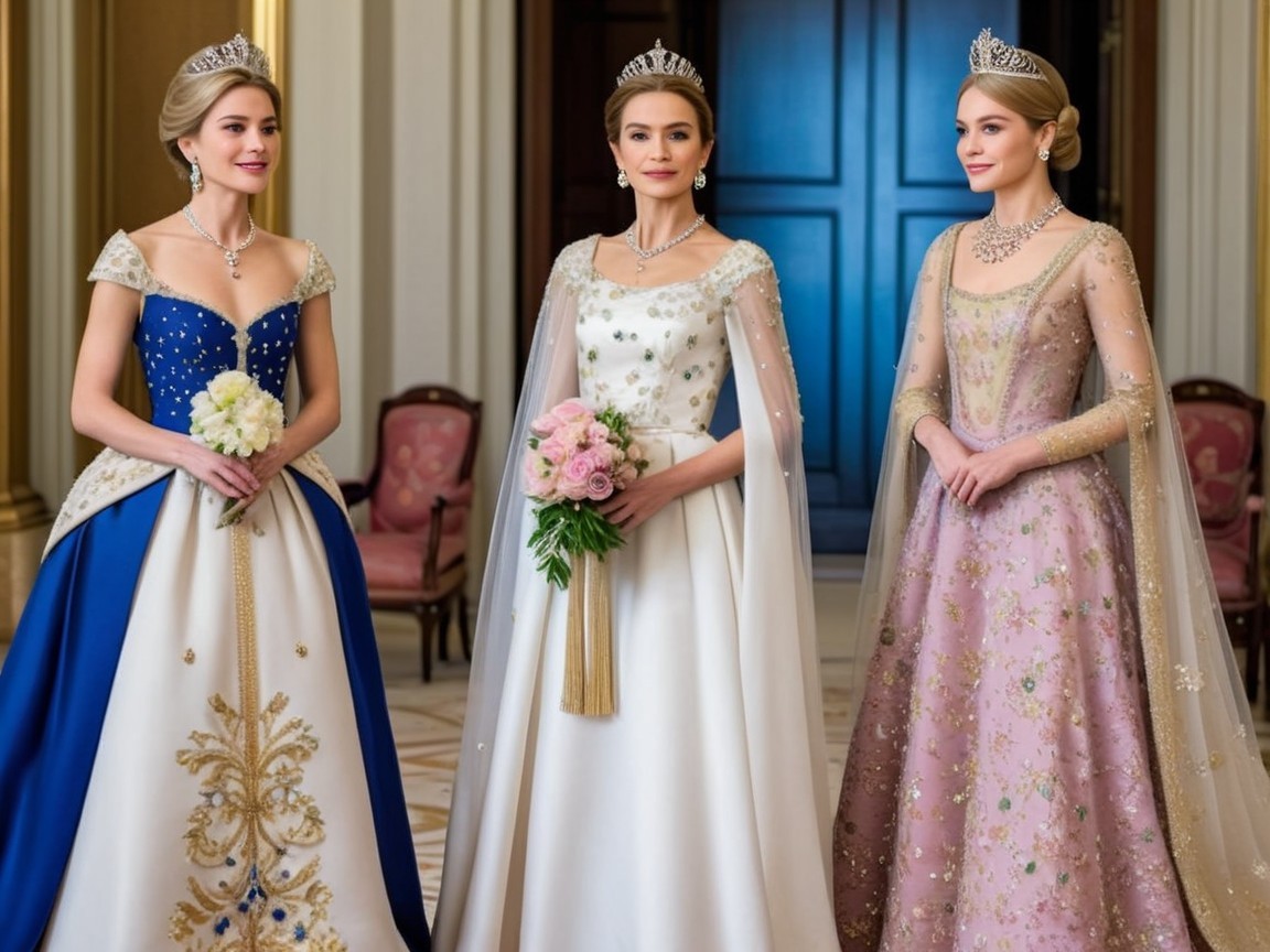 Elegant Women in Luxurious Gowns and Tiaras