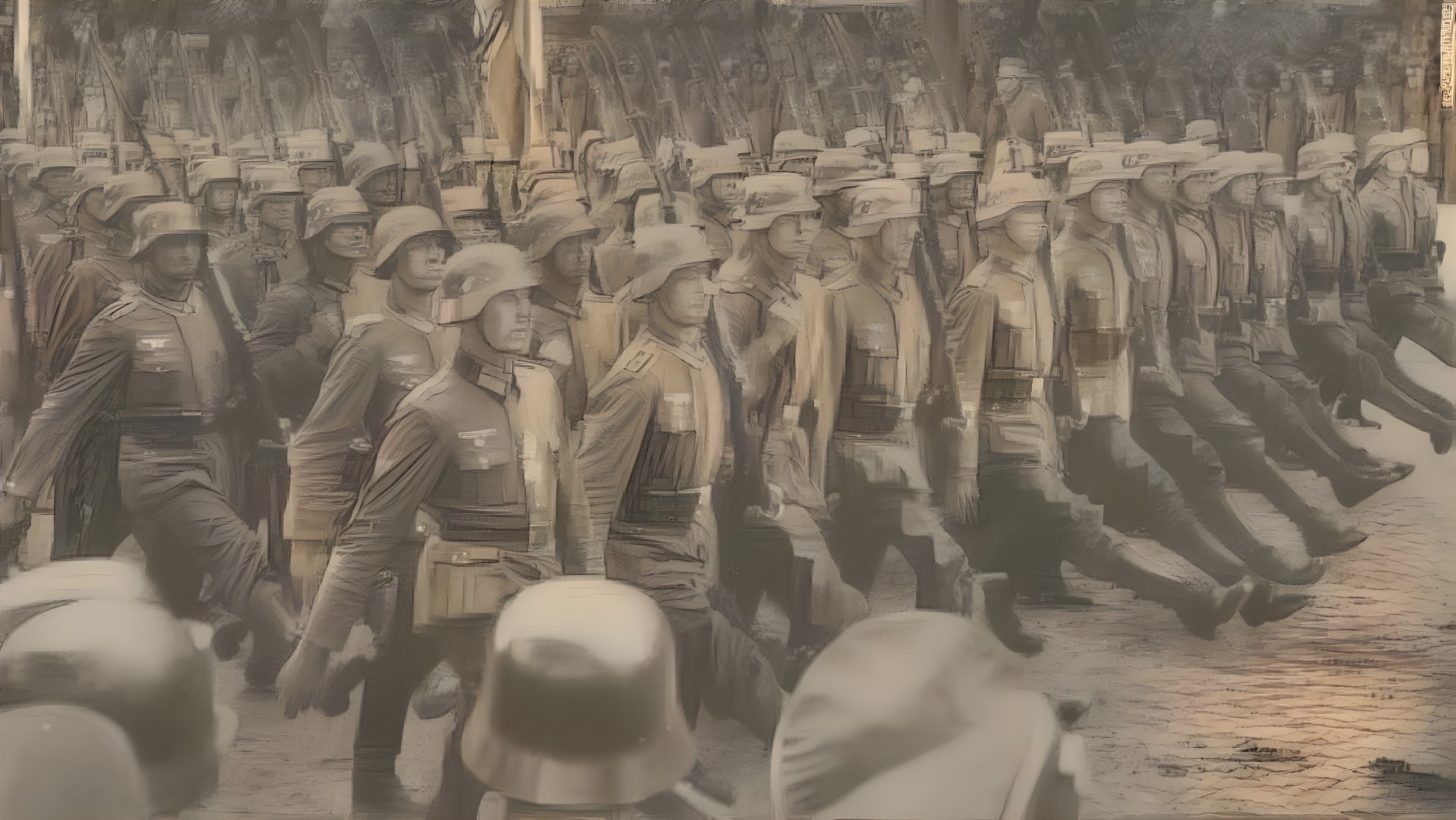 Historical Photograph of Uniformed Soldiers Marching