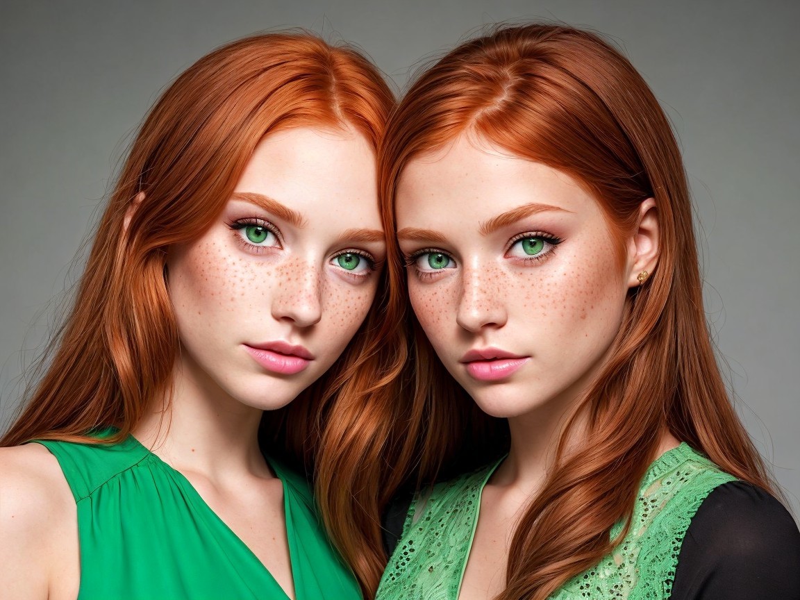 Young Women with Red Hair and Green Eyes in Green Attire