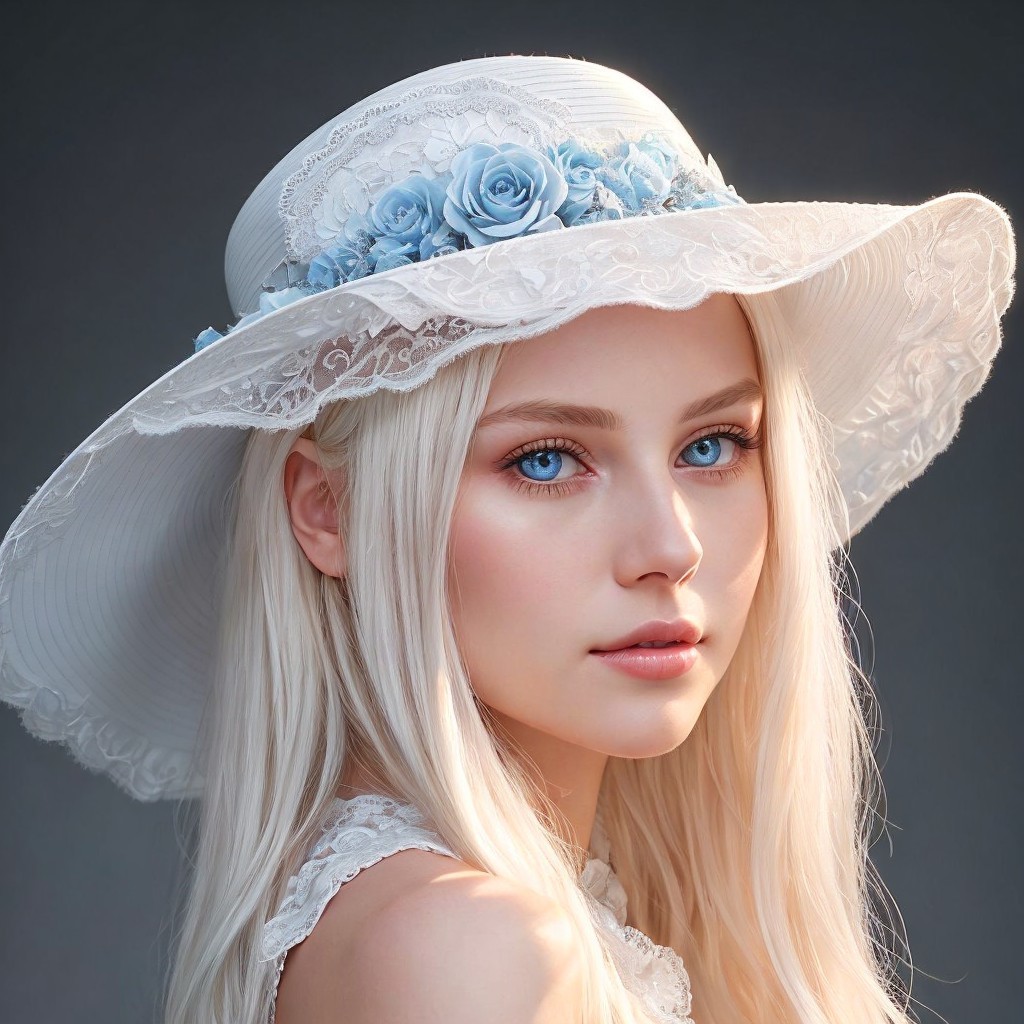 Young woman with blonde hair and elegant hat details
