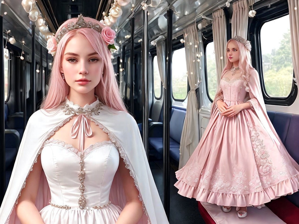 Young woman in pink gown inside elegant train carriage