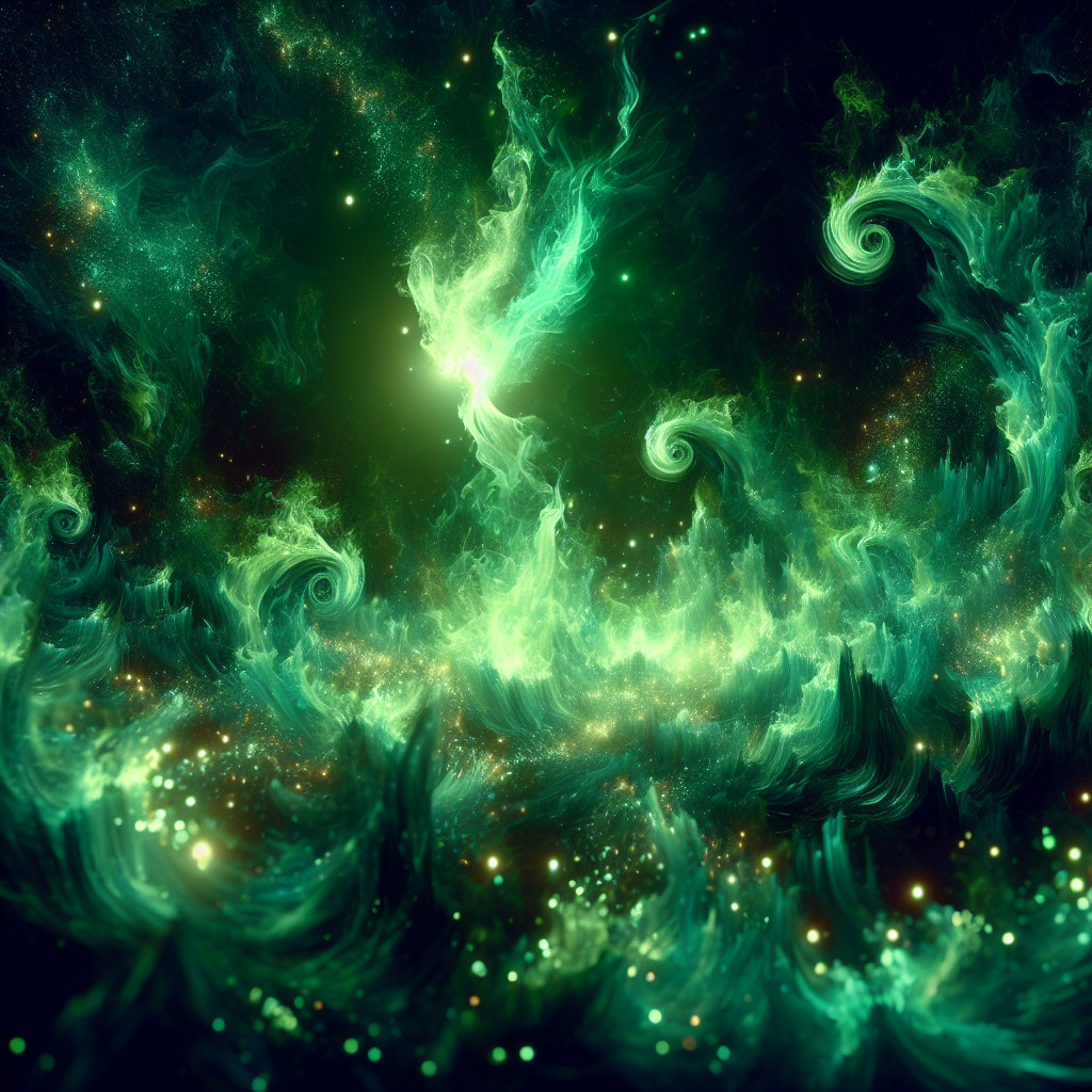 Vibrant Cosmic Scene with Swirling Green Tendrils