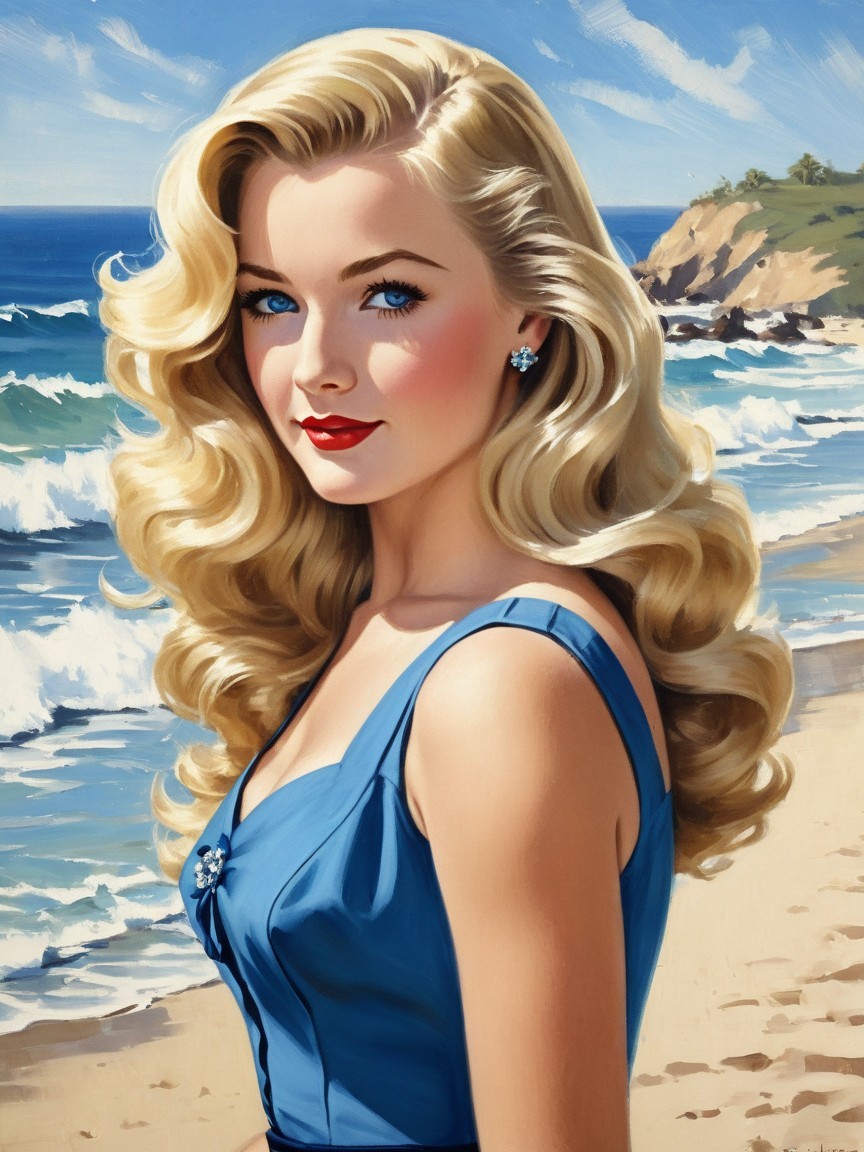 Glamorous Woman in Blue Dress at Beach Scene