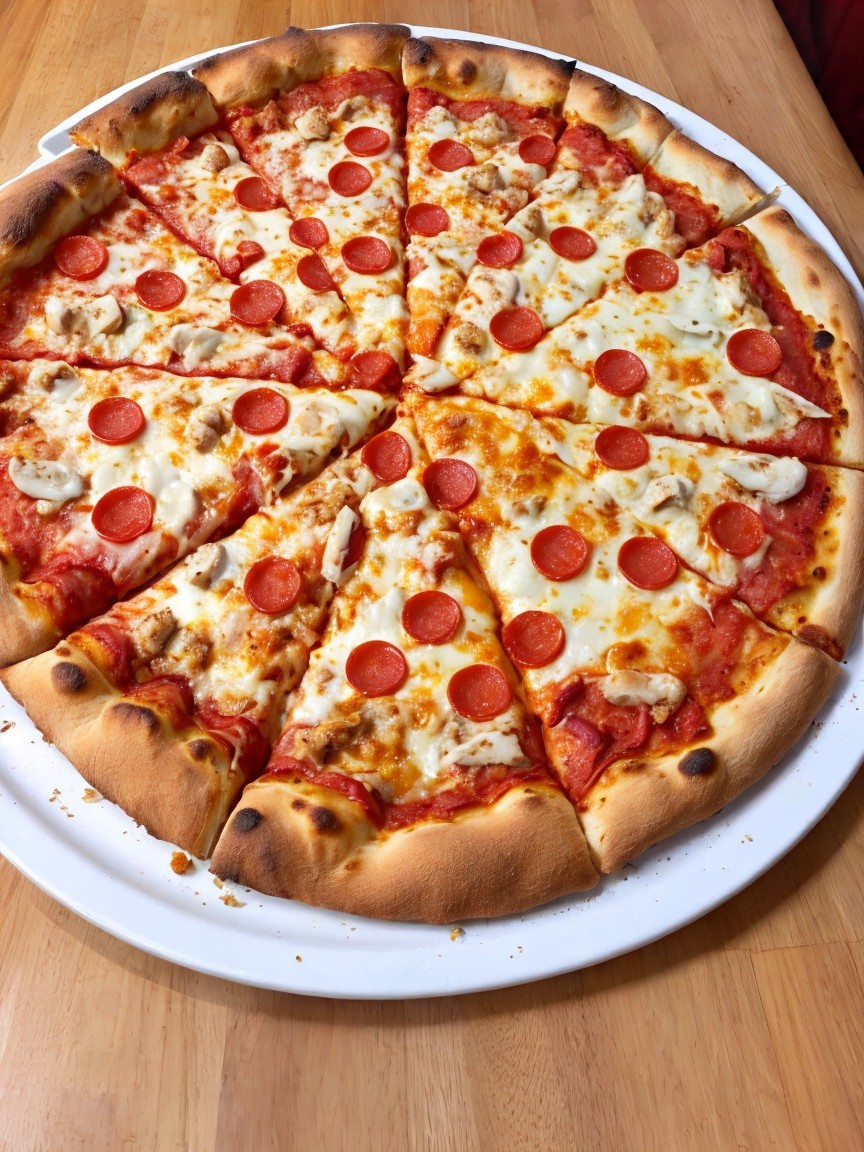 Large pizza with golden crust and pepperoni toppings